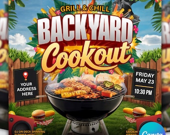 Backyard Cookout Flyer, BBQ Flyer, Summer Cookout Flyer, DIY Canva Editable Design Template, Food Flyer, Social Media Flyer, Party Flyer
