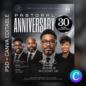 Op de afbeelding: Promotieflyer voor een Pastoraal Jubileumfeest. Het ontwerp heeft een donkere achtergrond met de tekst "PASTORAL ANNIVERSARY" in grote witte letters. De flyer bevat portretten van vier mensen en de tekst "30th Years Celebration."