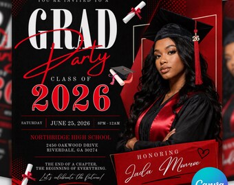 Graduation Party Flyer, Class of 2026 Invitation, Modern Red Design (Canva Editable)
