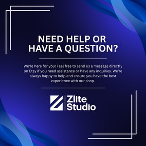 Peut inclure: Fond bleu marine et violet d&eacute;grad&eacute; avec du texte blanc qui dit "BESOIN D'AIDE OU AVEZ-VOUS UNE QUESTION ?". En dessous, un message d'assistance et le logo Zlite Studio.