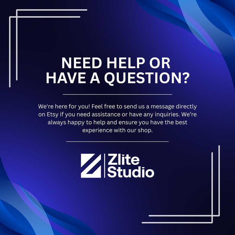 Peut inclure: Fond bleu marine et violet d&eacute;grad&eacute; avec du texte blanc qui dit "BESOIN D'AIDE OU AVEZ-VOUS UNE QUESTION ?". En dessous, un message d'assistance et le logo Zlite Studio.