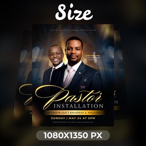 Peut inclure: Flyer promotionnel pour l'installation d'un pasteur. La conception pr&eacute;sente deux hommes en costume, avec le texte "Pastor Installation" en script dor&eacute;. Le flyer comprend la date, l'heure et le lieu de l'&eacute;v&eacute;nement, ainsi que les dimensions 1080x1350 PX.