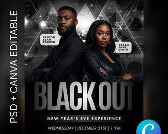 Plantilla de volante para iglesia editable en Canva y PSD para Nochevieja con apagón / Diseño de evento para iglesia en Nochevieja