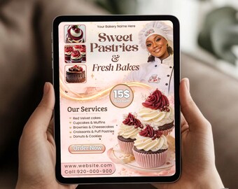 May include: A tablet displays a bakery advertisement. The ad features the text "Sweet Pastries & Fresh Bakes" and lists services like red velvet cakes and cupcakes. A $15 discount is highlighted, along with a website and phone number.