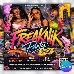 Può includere: Volantino promozionale per un evento in discoteca, con il testo "FREAKNIK Party 2K26" in colori vivaci. Il volantino presenta tre donne con occhiali da sole e dettagli dell'evento: sabato 11 dicembre, dalle 21:00 alle 2:00, e 25 $ di ingresso.