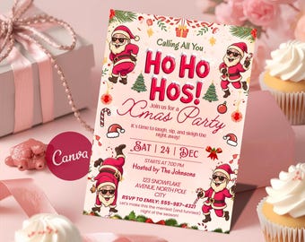 Divertente invito per la festa di Natale, Ho Ho Hos, modello Canva