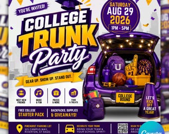College Trunk Party Flyer, Graduation Invitation, Farewell Party Invite (Canva Editable)