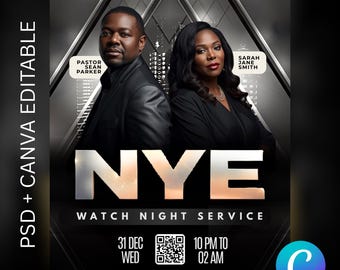 Volante de servicio de Nochevieja / Plantilla editable en Canva y PSD / Noche de vigilia y evento religioso