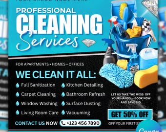 May include: A promotional graphic for professional cleaning services. The design features a teal and black color scheme with text that reads "Professional Cleaning Services." It lists services like full sanitization, carpet cleaning, and window washing. Cleaning supplies are shown in the background.
