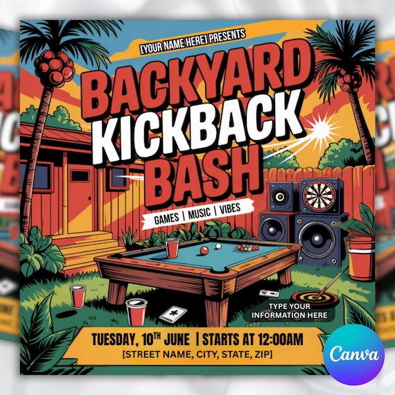 Backyard Kickback Bash Flyer Template, Summer Games Music Vibes (Digital Download)