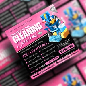 May include: Pink and black flyer promoting professional cleaning services. The flyer includes a graphic of cleaning supplies in a blue bucket. Text includes "Professional Cleaning Services", "We Clean It All", and a phone number.