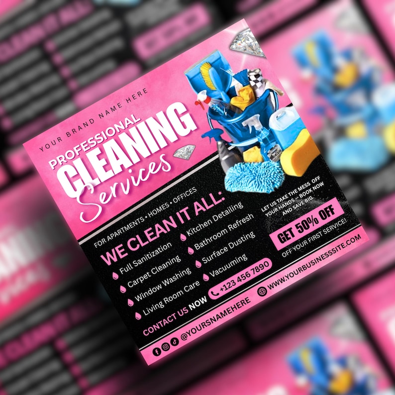 May include: Pink and black flyer promoting professional cleaning services. The flyer includes a graphic of cleaning supplies in a blue bucket. Text includes "Professional Cleaning Services", "We Clean It All", and a phone number.