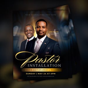 Peut inclure: Une pile de flyers avec un fond sombre et le texte "Pastor Installation" en script dor&eacute;. Le flyer pr&eacute;sente deux hommes en costume et le texte "Of Pastor-Elect Jonathan A. Williams" et "Sunday | May 24 at 5PM".