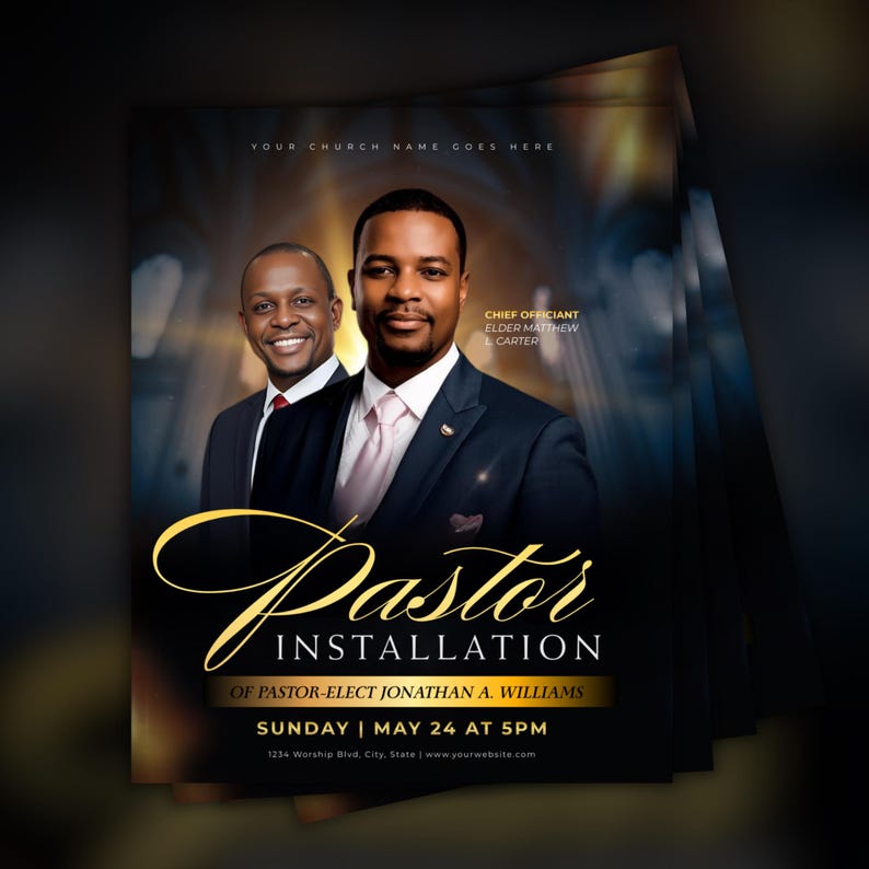 Peut inclure: Une pile de flyers avec un fond sombre et le texte "Pastor Installation" en script dor&eacute;. Le flyer pr&eacute;sente deux hommes en costume et le texte "Of Pastor-Elect Jonathan A. Williams" et "Sunday | May 24 at 5PM".