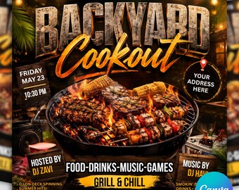 Backyard Cookout Flyer, BBQ Party Template, Editable Canva Design (Digital Download)