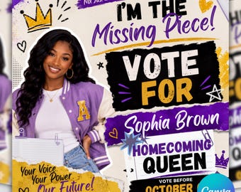 Homecoming Queen Flyer Template, Purple Gold Black White Design (Canva Editable)