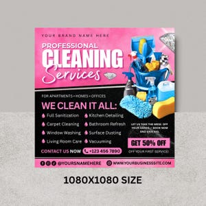 May include: Pink and black promotional graphic for professional cleaning services. The image features a cleaning bucket with supplies, text that reads "Professional Cleaning Services", and a list of services offered. The image also includes contact information.