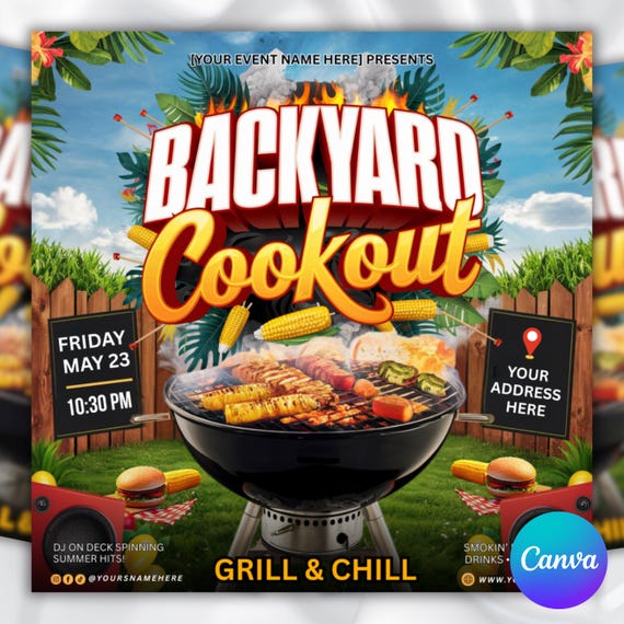Backyard Cookout Flyer, BBQ Flyer, Summer Cookout Flyer, DIY Canva Editable Design Template, Food Flyer, Social Media Flyer, Party Flyer