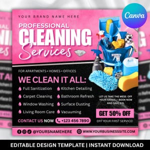 May include: Pink and black promotional graphic for professional cleaning services. The design includes a cleaning bucket with supplies, and text that reads "WE CLEAN IT ALL" with a list of services. Contact information is also included.