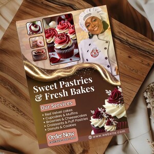 May include: A flyer promoting sweet pastries and fresh bakes. The flyer features a smiling chef in a white uniform and chef's hat. The flyer lists services including red velvet cakes, cupcakes, brownies, croissants, and donuts. The flyer has the text "Sweet Pastries & Fresh Bakes".