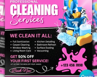 Professional Cleaning Services Flyer Template, Maid Service Business Canva Design (Digital Download)