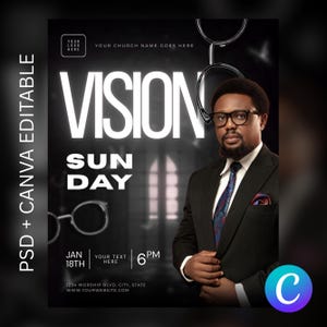 Op de afbeelding: Een zwart-witte flyer met het woord "VISION" in grote witte letters. Daaronder staan de woorden "SUN" en "DAY". Rechts staat een man in pak en bril. De flyer bevat de tekst "PSD + CANVA EDITABLE".