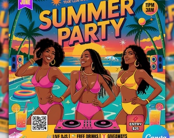Summer Pool Party Flyer Template, Tropical Event Invitation (Canva Download)