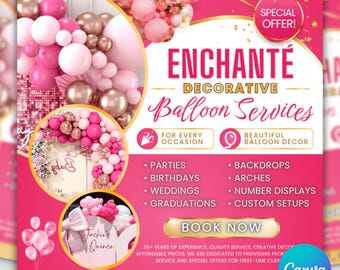 Balloon Decor Flyer Template, Birthday Party Event Advertisement (Canva Editable)