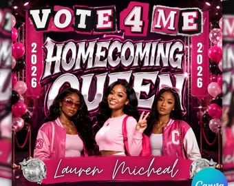 Homecoming Queen Flyer Template, Pink Black Silver 3D Typography (Canva Editable)