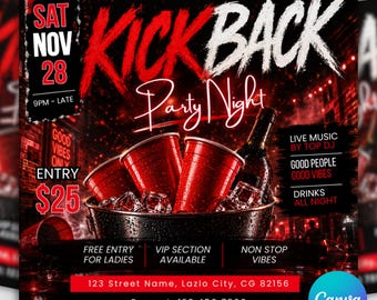Kickback Party Flyer Template, Editable Club DJ Event Invite (Canva Download)