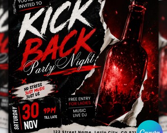 Kickback Party Flyer: Editable Club DJ Invite, Red & Black (Digital Download)