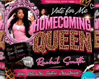 Pink Leopard Homecoming Queen Flyer Template, Vote for Me Campaign (Canva Editable)