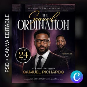 May include: A promotional flyer for "The Sacred Ordination" featuring two men in suits. The flyer includes the date August 24 at 8 PM, the name Samuel Richards, and church contact information. The design has a dark purple and gold color scheme.