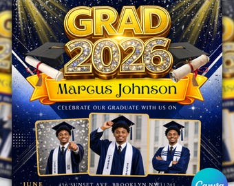 Graduation Party Flyer, Class of 2026 Announcement, Modern Blue Design (Canva Template)