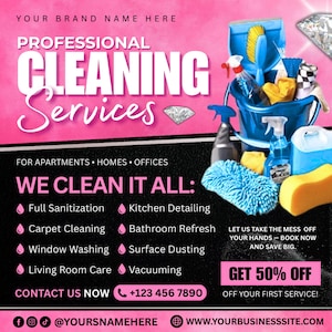 May include: Pink and black promotional graphic for professional cleaning services. The image features cleaning supplies, including a blue bucket, spray bottles, and sponges. Text includes "WE CLEAN IT ALL" and a phone number.
