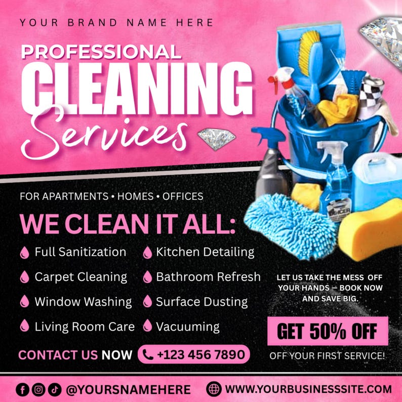 May include: Pink and black promotional graphic for professional cleaning services. The image features cleaning supplies, including a blue bucket, spray bottles, and sponges. Text includes "WE CLEAN IT ALL" and a phone number.