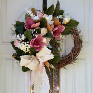 Wreath for front door with magnolia, pastel colors wreath, spring wreath for front door