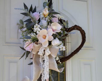 Magnolia Heart Wreath, Spring Summer Front Door Decor