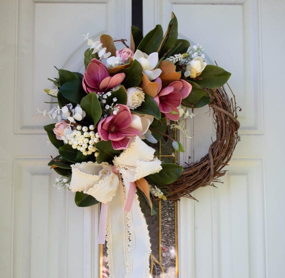 Magnolia Spring Wreath for Front Door, Pastel Colors, Grapevine Base