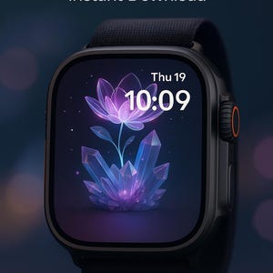 Puede incluir: Apple Watch negro con una esfera digital que muestra un diseño de flor y cristal morado. La hora es 10:09 el jueves 19. El texto en la parte superior dice "3D Apple Watch Face Instant Download."