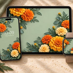 Bakgrundspaket med ringblomma i oktober, Apple Watch, iPhone och iPad, 3D-födelseblomma