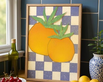 Retro Citrus Art Print • Vintage Lemon Checkerboard Kitchen Decor-Mid-Century fruit wall art.