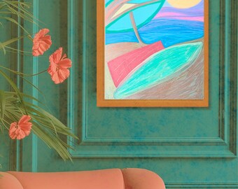 パステルビーチアートプリント、レトロな夏の海岸装飾（デジタルダウンロード）