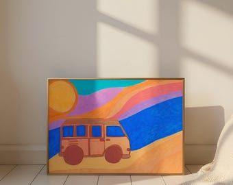 70s Beach Van Art Print • Retro Sunset, Pastel Coastal Landscape