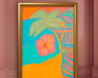 May include: A framed artwork featuring a vibrant tropical scene. The painting showcases a palm tree with a large pink flower against a turquoise and orange background. The artwork is enclosed in a gold frame, adding a touch of elegance to the colorful composition.