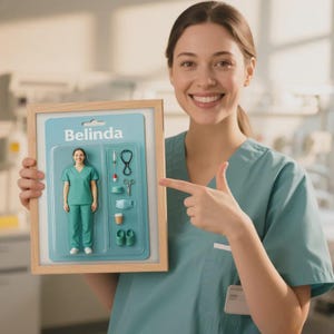 May include: A framed display labelled "Belinda" featuring a miniature figure in teal scrubs. The display includes miniature medical tools, a coffee cup, and shoes. The person in the image is pointing at the display.