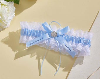 Liga de boda personalizada: nombre y fecha bordados, algo azul