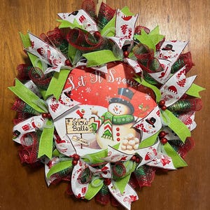 Snowman Christmas Wreath Winter Time Holiday Mesh Circle Frames Multiple Colors Red Green Festive Entrance Wall Hanging Let It Snow Seasonal