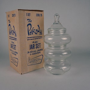 Vintage Anchor Hocking “Pagoda” Jar Set with Box – 4 Pc Glass Canister Set, 1960s Stacking Jars, 13 oz Each