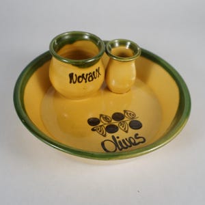 Vintage French Olive Dish – Three-Part Yellow & Green Pottery Server with &quot;Noyaux&quot; Pit Jar – Glazed Ceramic, 7&quot;